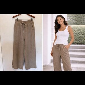 Wide Leg Linen Look Pants Medium Taupe Drawstring Casual